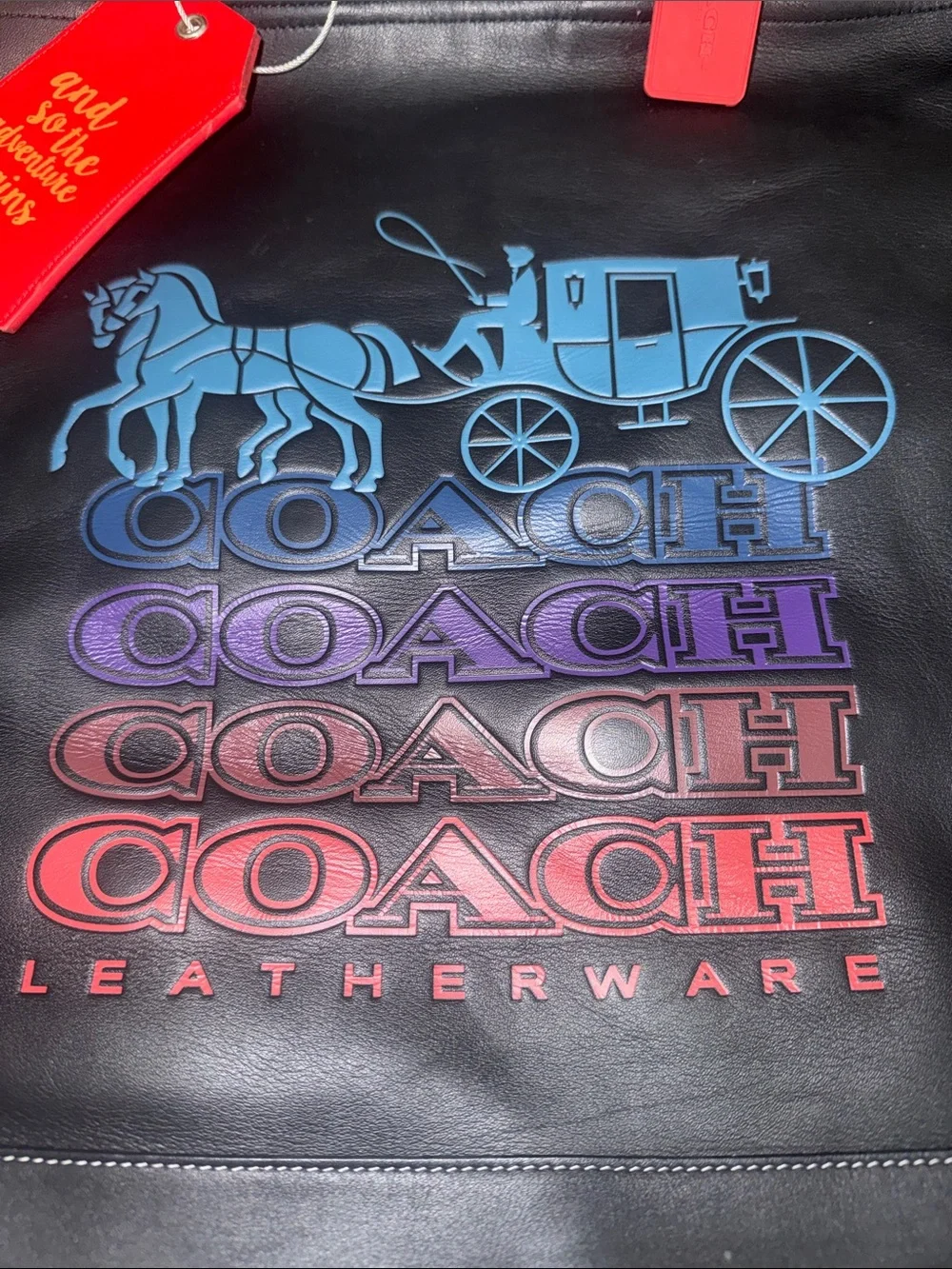 Coach Black Leather Drawstring Backpack with Blue-Purple-Red Gradient Logo